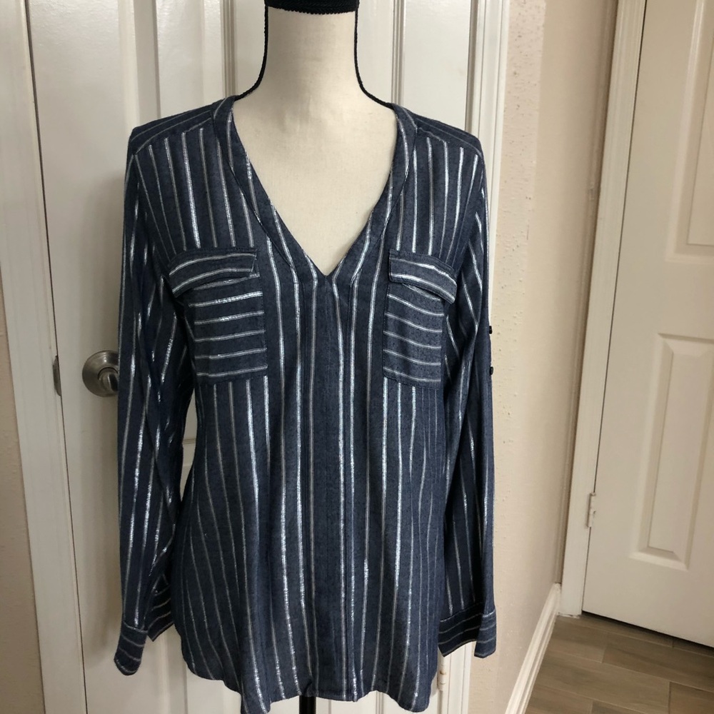 Express VNeck Black w/Silver Stripes Blouse